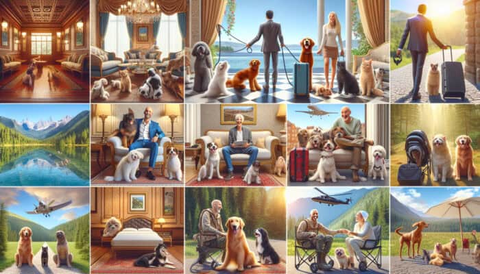 Diverse pet-friendly accommodations including luxury hotels, vacation rentals, and campgrounds with happy pets and owners.