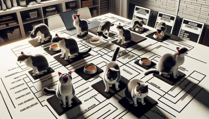 Cats exhibiting hissing and arching behaviour over food and space, indicative of territorial aggression in a multi-cat environment.