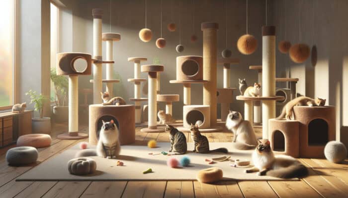 A tranquil room furnished with cat towers, posts, and toys where multiple cats coexist peacefully and play.