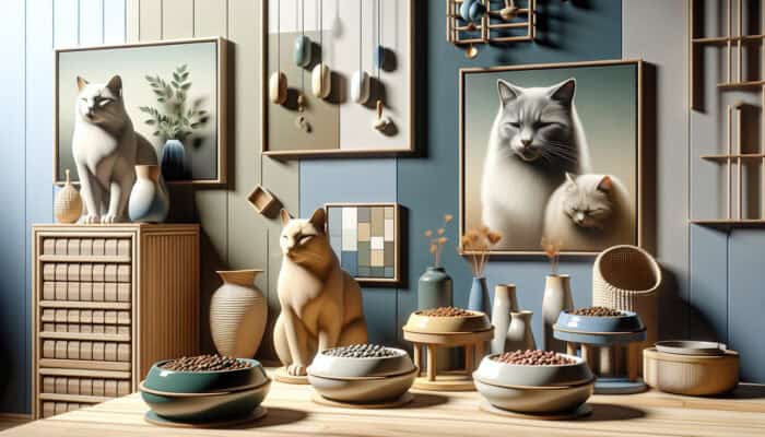 A cozy home displaying multiple distinct cat feeding stations, each equipped with unique bowls, promoting a peaceful mealtime atmosphere.