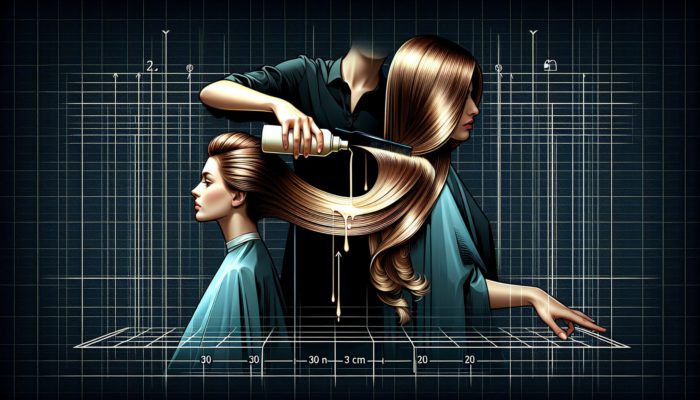 Hairstylist applying hair lacquer from back to front, 30 cm away, for a sleek, polished look with layers.