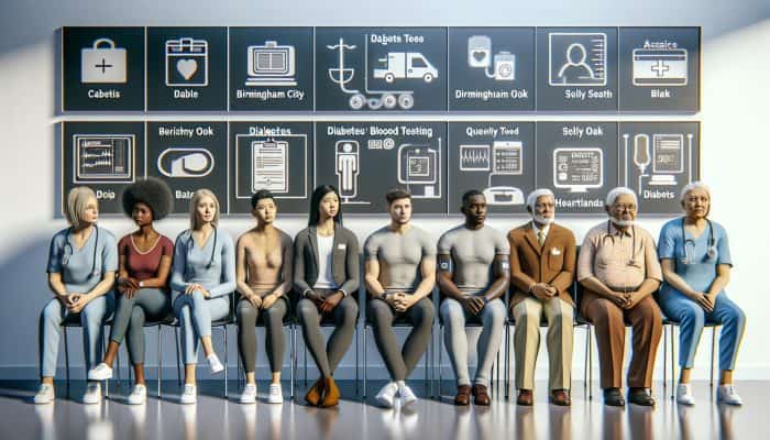 A diverse group of individuals waiting in a modern NHS clinic in Birmingham for diabetes blood testing at four hospitals, staffed by caring healthcare professionals.