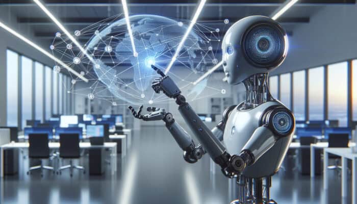 A futuristic robot virtual assistant connecting businesses globally in a modern office.