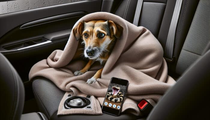 Anxious dog with favorite blanket in car, heading to vet after snake bite, snake photo on smartphone.