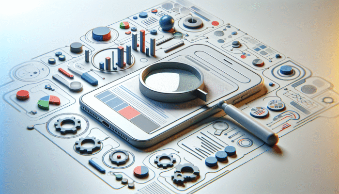 Smartphone illustrating search results with optimised title tags, magnifying glasses, and graphs for mobile search optimisation.