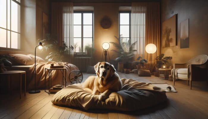 A senior dog resting peacefully in a serene room with soft lighting and comfortable bedding.
