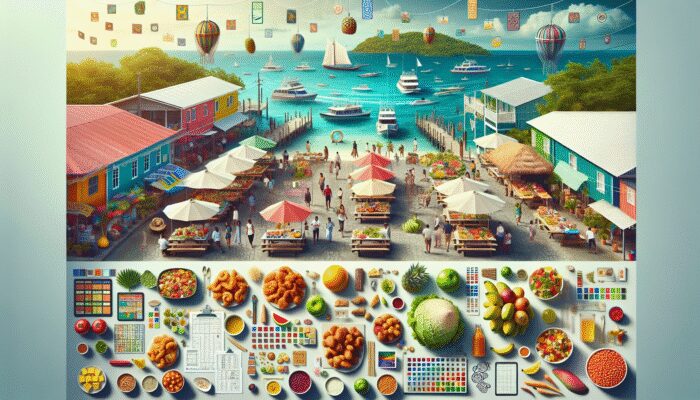 A vibrant culinary scene in Key Caulker, Belize, showcasing fresh seafood, tropical fruits, and Creole dishes.