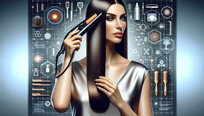 Woman using Shark Flexstyle on dry hair with heat protectant, set to low temperature, surrounded by hair care tools.