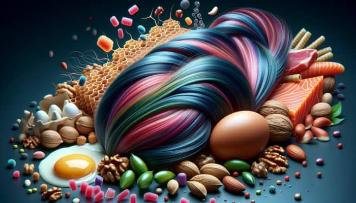 Strengthening Weak Hair Strands: A colourful illustration of a hair strand made of keratin proteins, surrounded by eggs, nuts, and fish.