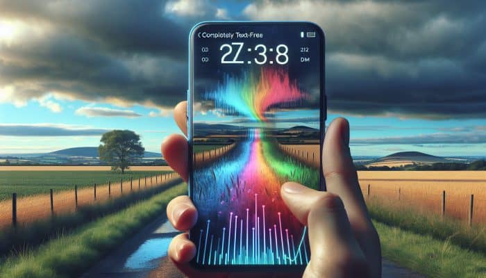 Tracking Mood With Technology: Person using smartphone app to track moods, with colourful graph, against UK countryside.