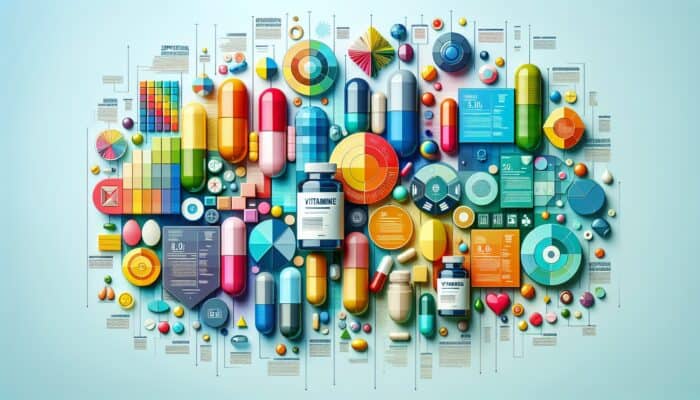 Vibrant infographic offering tips on creating content centred on supplements, featuring vitamins and capsules.