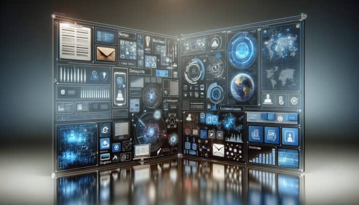 A futuristic digital interface with holographic icons, organised notes, and seamless device connectivity for remote work collaboration.