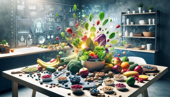 Nutrition for Chronic Fatigue: A vibrant assortment of nutrient-rich foods, including greens, berries, and nuts, symbolising energy and vitality against chronic fatigue syndrome.