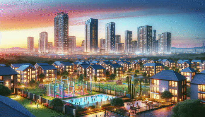 The skyline of Polokwane at dusk, showcasing modern buildings and gated communities with residents engaging around communal amenities.