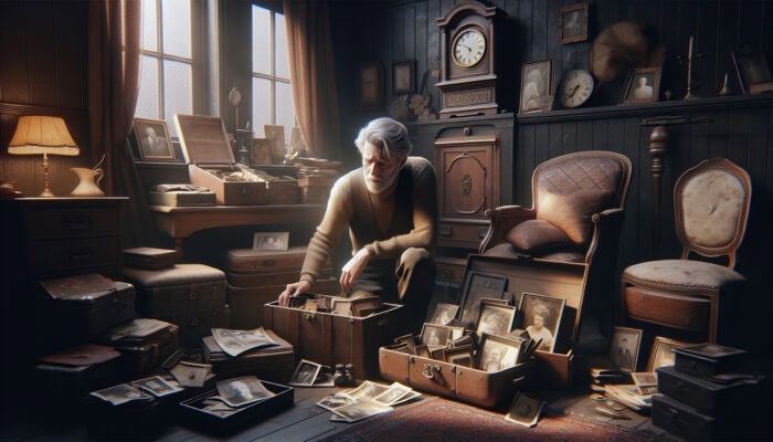 A person sorting through a loved one's belongings, surrounded by antiques and old photos in soft light.