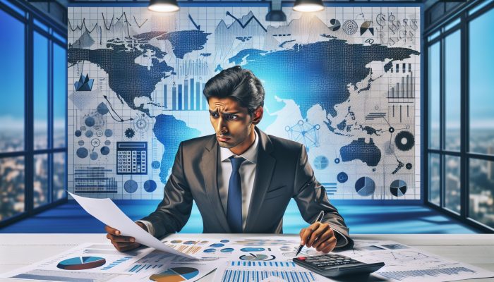 Person reviewing financial documents with charts, appearing concerned in an office with a calculator and pen.