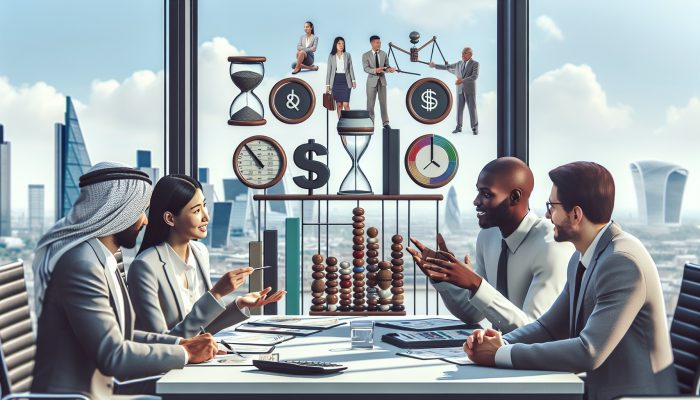 Financial experts discussing debt management plans in a modern office, client hopeful, with London skyline in the background.