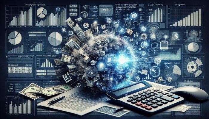A calculator amidst loan documents and a screen showing fluctuating rates and hidden fees, illustrating simulator limitations.