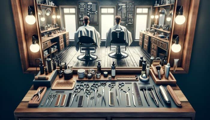 Developing Barber Vocabulary Basics: Interior of a barber shop with clippers, shears, razors on a workbench, mirrors reflecting a client getting a fade haircut.