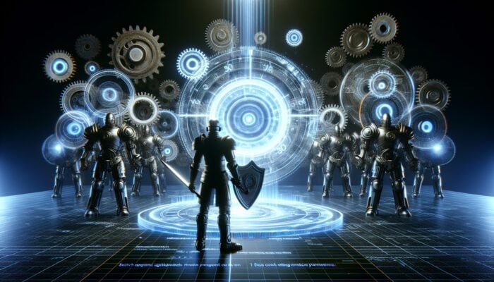 A chaotic digital battlefield with morphing algorithms as gears, brands as armoured warriors, and an SEO expert refining content on a holographic screen.