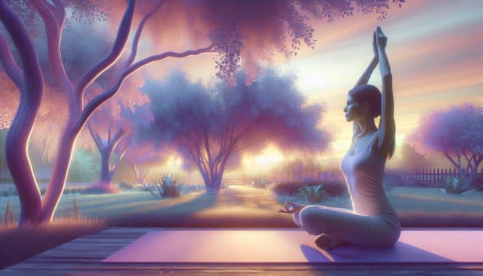 Mastering Menopause Changes Management: A serene woman practicing yoga in a tranquil garden at sunset, symbolising peace during menopause.
