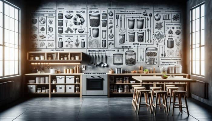Kitchen scene with food scrap storage, upcycling recipes, and preservation methods like freezing, dehydrating, fermenting.