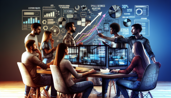 Team of web designers in a modern Poole office collaborating on a restaurant website redesign, analysing screens and a 30% inquiry graph.