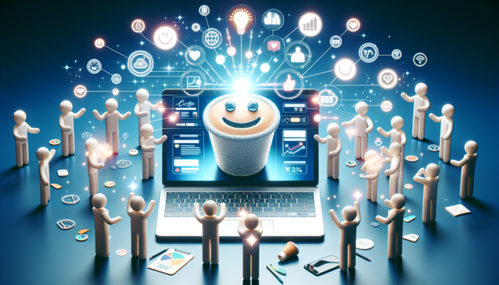 Modern website for a Poole coffee shop displayed on a laptop, featuring interactive menus, blog posts, and smiling users sharing on social media.