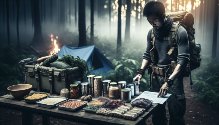 A rugged survivalist organises grains, beans, canned vegetables, and nuts on a table in a forested camp at dusk.