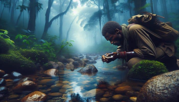 A survivalist kneels by a clear stream in a misty forest, inspecting water clarity, sniffing for odors, and tasting cautiously.