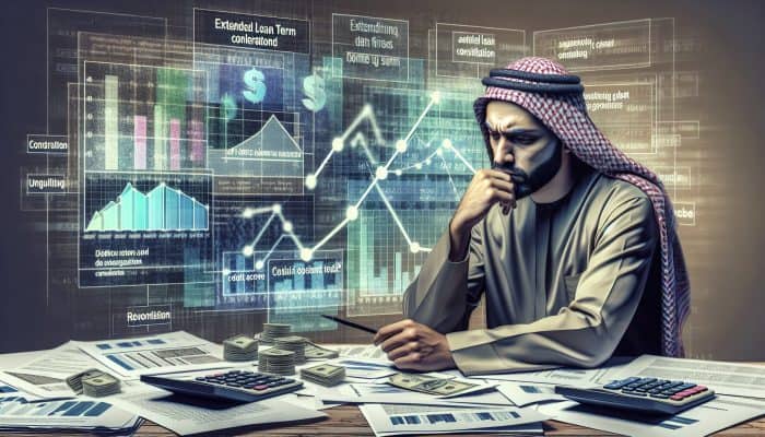 Debt Consolidation Loan Payoff Acceleration Tips: UK Strategies | DCL A stressed person in the UK surrounded by financial documents, contemplating debt consolidation risks with graphs showing loan terms and credit scores.