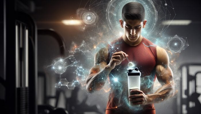 Protein Powders for Teen Athletes: A determined teenager in a modern gym mixes protein powder, flexing muscles, with glowing nutritional labels symbolizing growth.