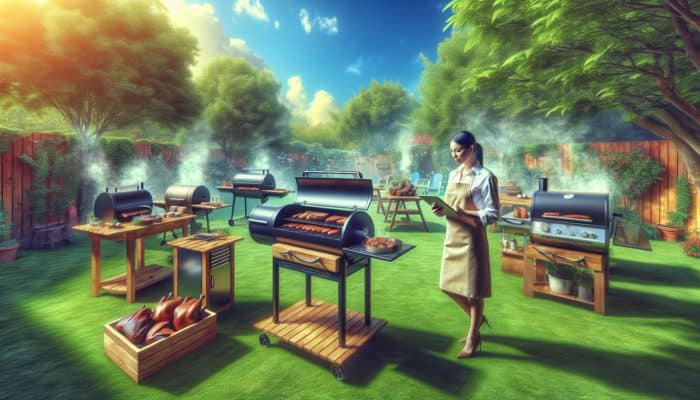 Expert showcasing offset, vertical, and electric smokers in a lush backyard, with sizzling meats, cooking tools, and greenery under a bright sky.