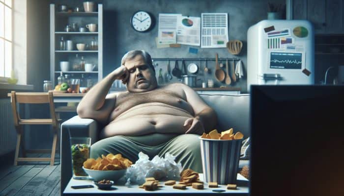 A middle-aged person lounging on a sofa, appearing fatigued and overweight, surrounded by snacks in a cluttered kitchen, showing metabolism effects.