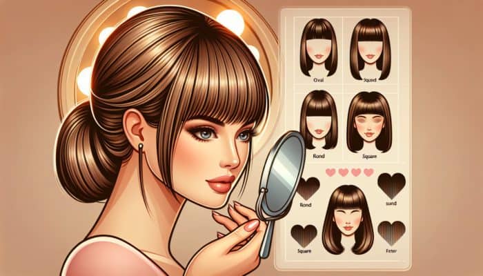 Woman with oval face admiring soft curtain bangs in mirror, alongside vignettes of round, square, and heart-shaped faces with tailored bangs in warm lighting.