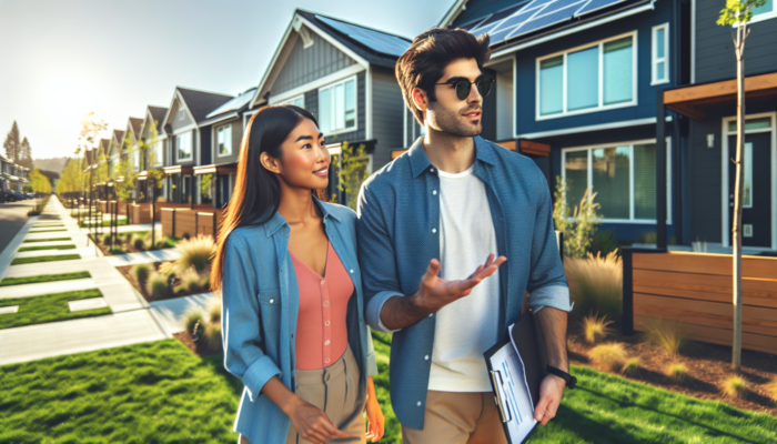A young couple exploring modern entry-level townhouses in a sunny suburban area with manicured lawns, solar panels, and community parks.