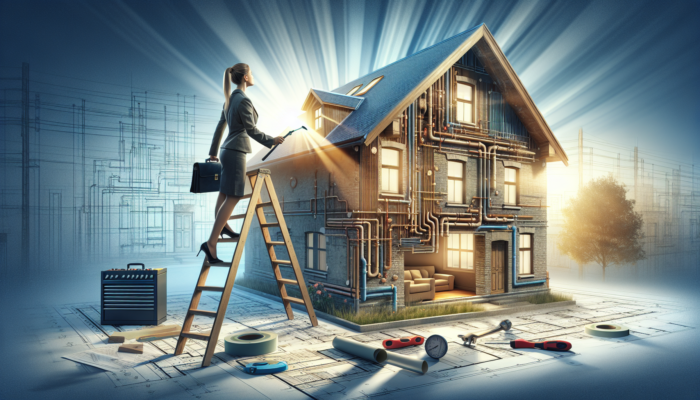 A professional surveyor in Lephalale inspecting a townhouse roof from a ladder and checking internal plumbing with tools and blueprints.