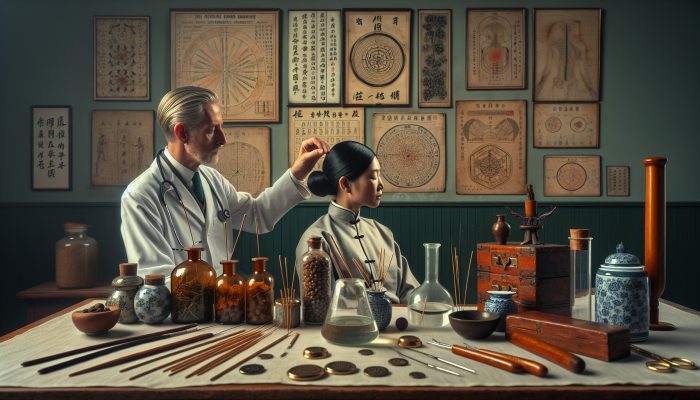 In a 1950s British clinic, a besuited doctor administers acupuncture to a relaxed patient, surrounded by ancient Chinese scrolls and NHS posters.