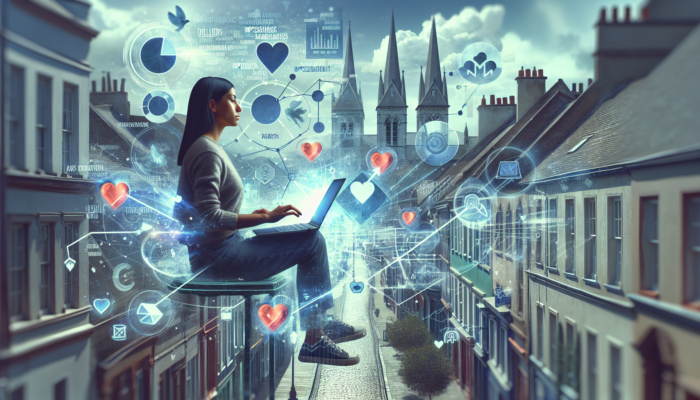 Focused business owner in Sherborne analyzes Instagram metrics on a laptop, surrounded by holographic graphs and heart icons for growth.