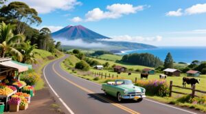 A green vintage convertible cruises along Maui Upcountry’s scenic routes, passing farm stands with colorful fruit, lush pastures, grazing cows, and scattered cottages. Tree-lined hills rise toward a misty mountain beneath a bright blue sky dotted with fluffy clouds.