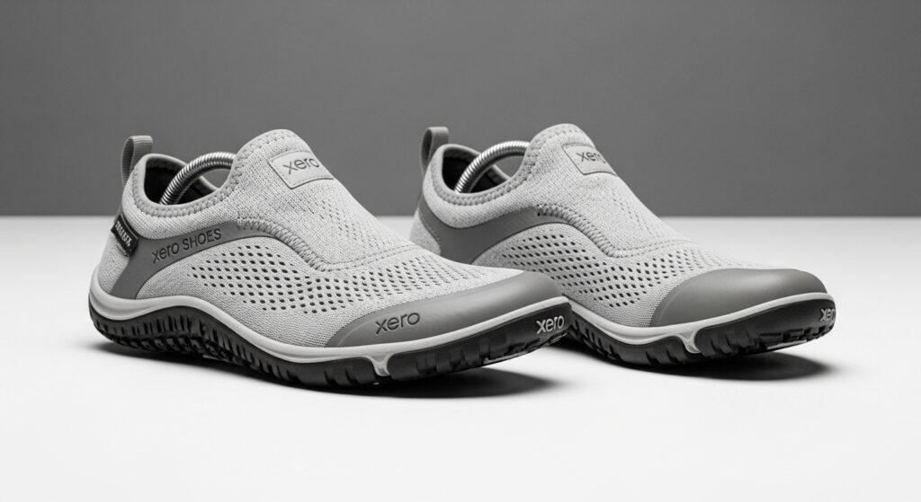A pair of light gray slip-on athletic shoes with mesh uppers, rubber soles, and "Xero Shoes" branding ensures all-day comfort and walking excellence, set against a plain gray and white background.