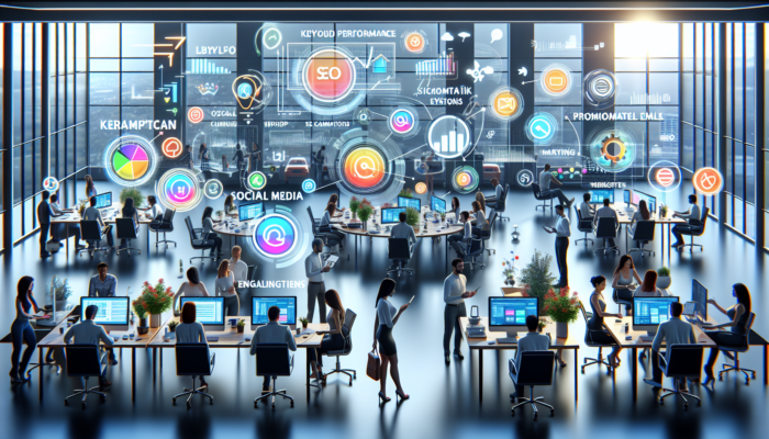 Marketers in a dynamic Cheltenham office integrating SEO with social media icons and email campaigns, using keyword graphs for e-commerce traffic boost.