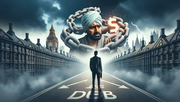 A stressed UK borrower at a foggy London crossroads, tempted by a glowing low-payment sign amid hidden fees and debt chains.