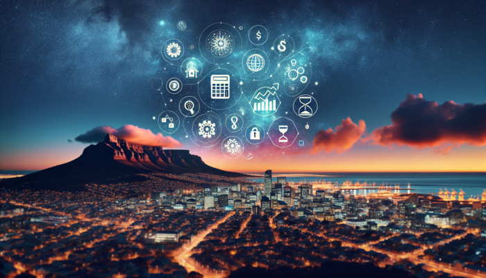 Cape Town cityscape at dusk, showcasing Table Mountain alongside affordability symbols like graphs, charts, and maps under a starry sky.