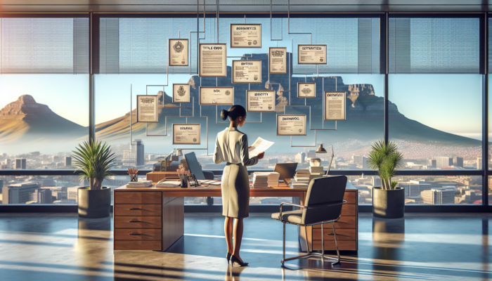 A diverse real estate agent in a Cape Town office reviewing documents like title deeds and bank statements, with Table Mountain glowing under golden sunlight.