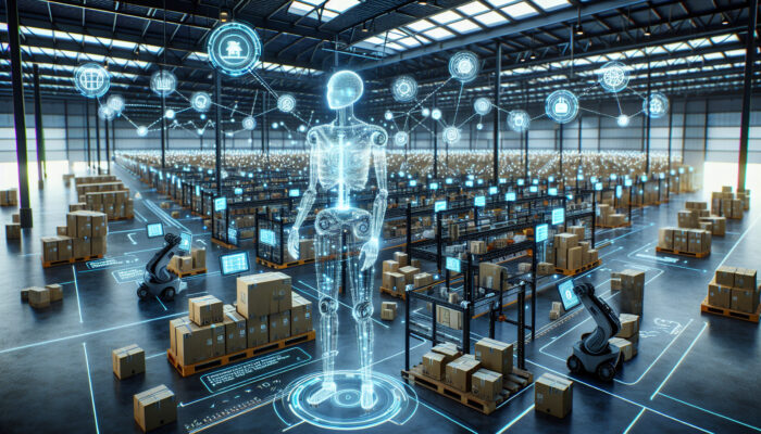 AI-powered robots in a Manchester warehouse efficiently pack a variety of products, assessing weight and fragility on screens for a 30% boost in logistics efficiency.