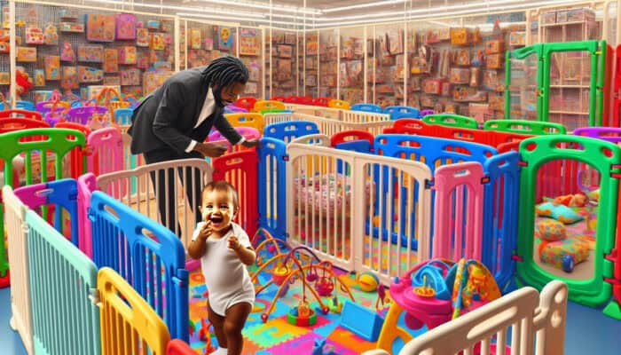 In a toy store, a parent examines colorful playpens' safety features as a joyful toddler plays inside with educational toys and cushions.