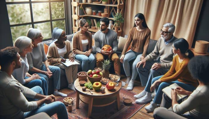 A diverse family gathers in a cozy living room circle, discussing health with supportive expressions, notebooks, and healthy snacks.