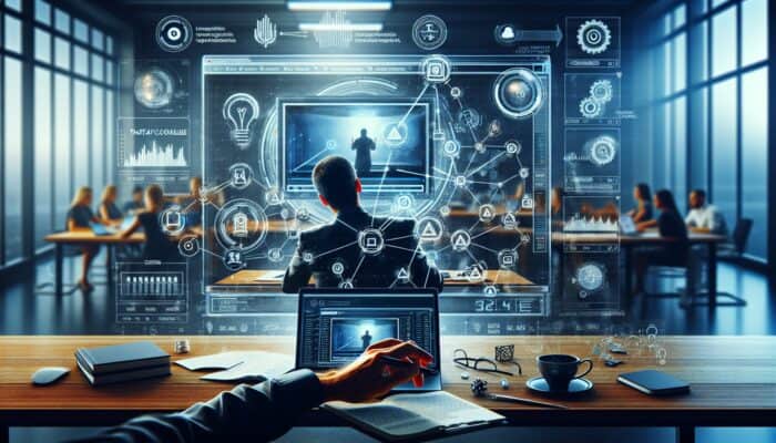 Google Analytics dashboard showing video backlink metrics: traffic graphs, engagement rates, conversions; laptop playing video; analyst in modern office.