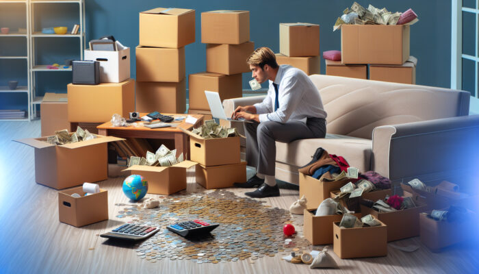 A focused individual sorting through boxes in a cluttered living room, reviewing a budget spreadsheet on a laptop with coins, notes, and a calculator.